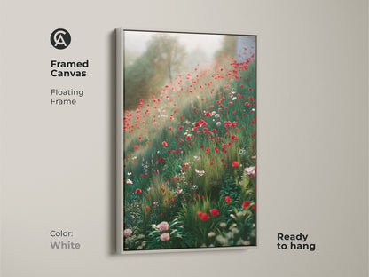 Framed canvas with a white floating frame presents a dreamy wildflower scene. Red poppies and lush greenery create a nature inspired artwork. Ready to hang this botanical print is perfect for bedroom wall decor and a nature lover gift.