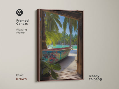 A framed canvas in brown shows graffiti boat art with palm trees. The artwork is an aqua beach art print. This unique boat art is ready to hang for your bedroom decor.