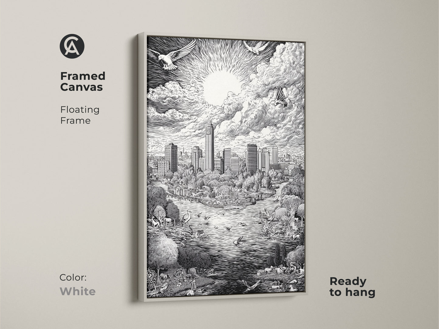 White framed canvas art featuring the Austin Texas Skyline. The floating frame enhances the black and white artwork. The art print shows the city skyline park animals and bright sun. This framed canvas is ready to hang and enjoy.