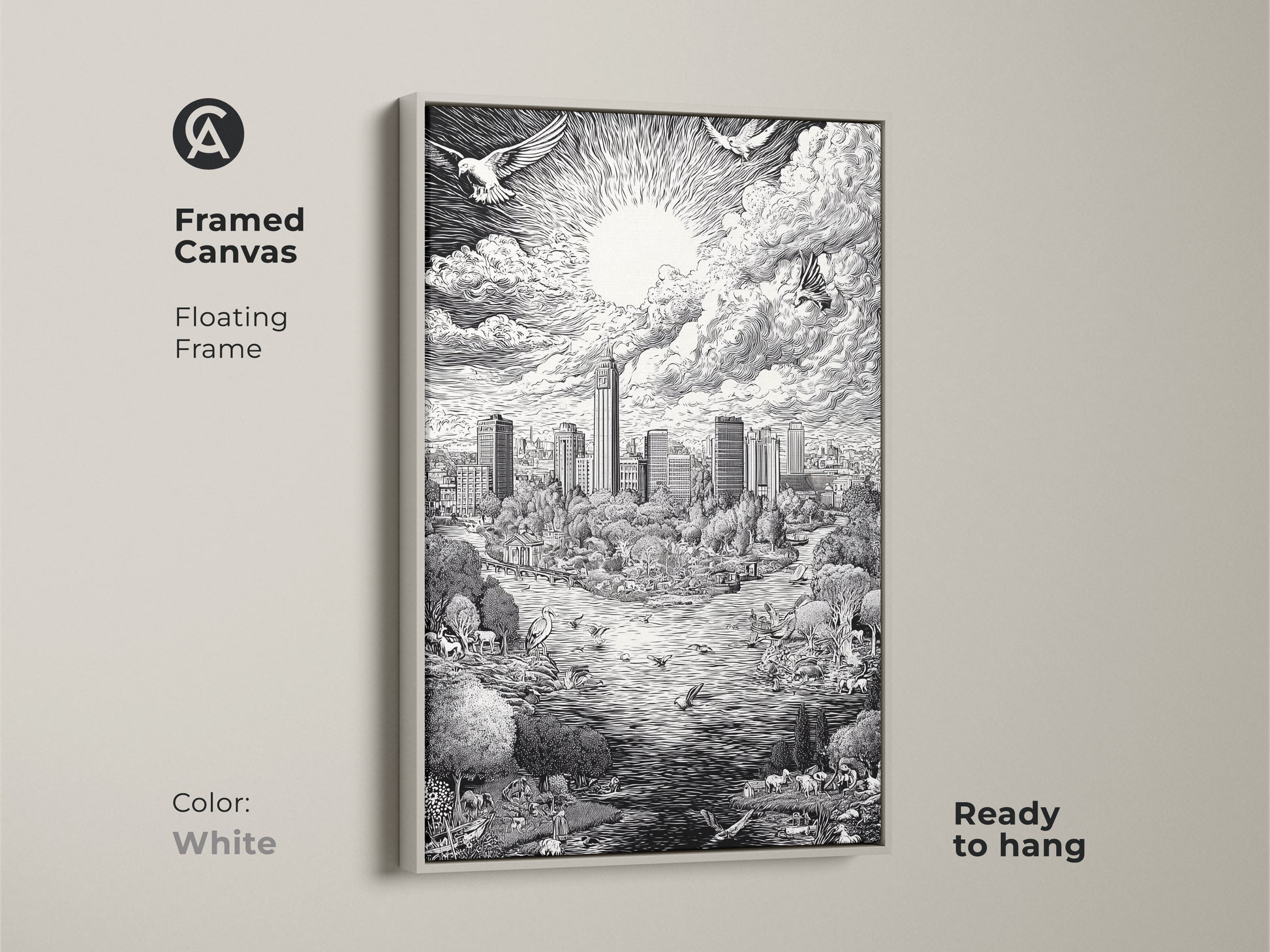 White framed canvas art featuring the Austin Texas Skyline. The floating frame enhances the black and white artwork. The art print shows the city skyline park animals and bright sun. This framed canvas is ready to hang and enjoy.