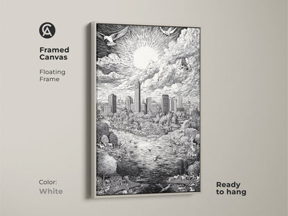 White framed canvas art featuring the Austin Texas Skyline. The floating frame enhances the black and white artwork. The art print shows the city skyline park animals and bright sun. This framed canvas is ready to hang and enjoy.