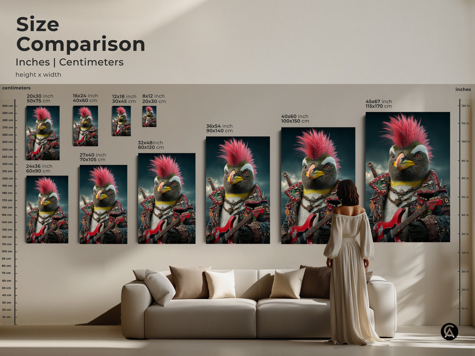 Size comparison of punk rock penguin canvas art. Inches and centimeters are visible for height and width. The artwork scales from small to large above a couch. This is a guide to help you choose the best size for your living room or studio.