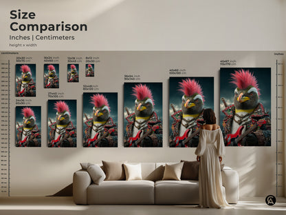 Size comparison of punk rock penguin canvas art. Inches and centimeters are visible for height and width. The artwork scales from small to large above a couch. This is a guide to help you choose the best size for your living room or studio.