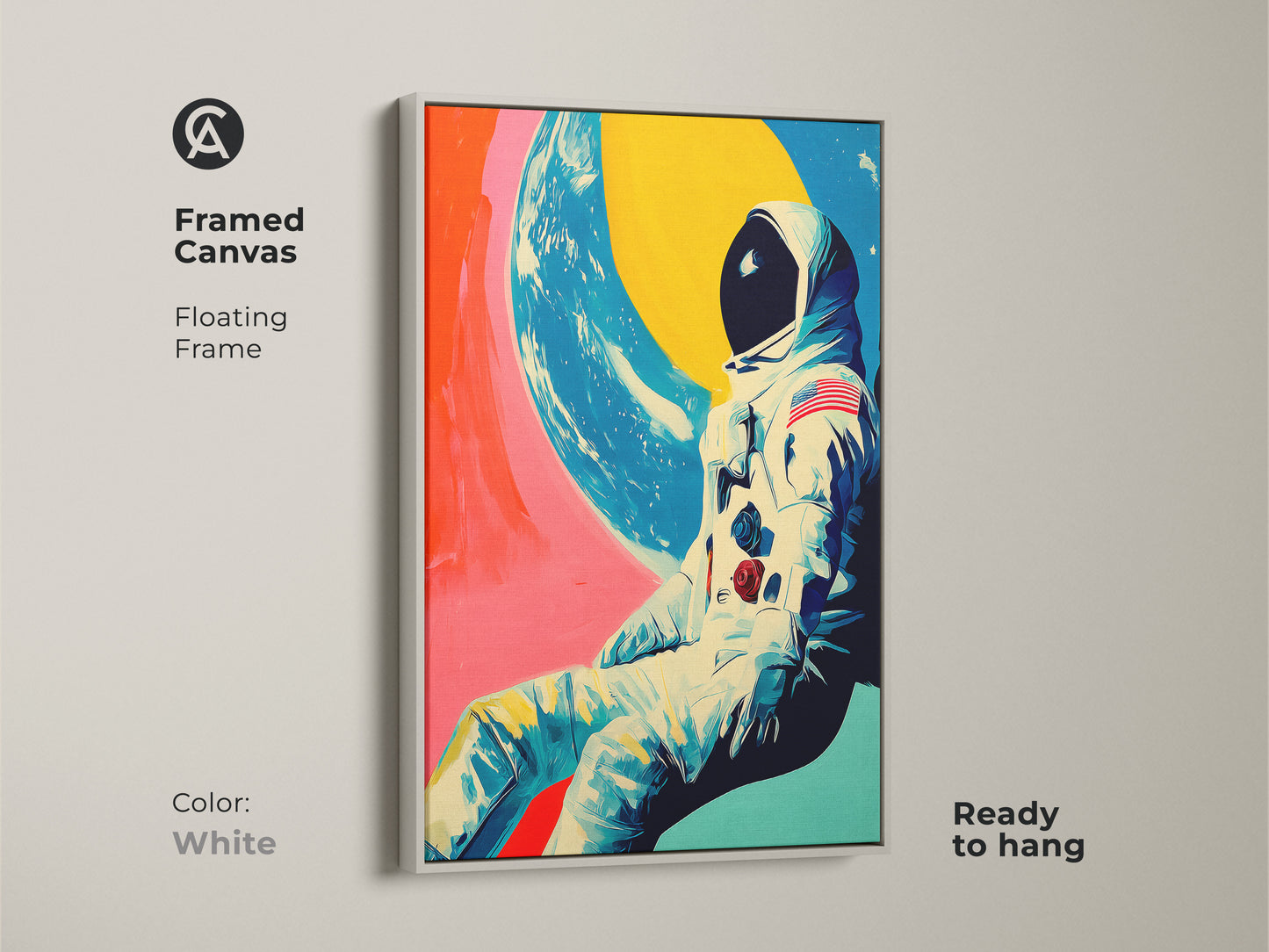 White Framed Canvas featuring Retro Futurism Astronaut art. It's ready to hang with a floating frame. The vibrant artwork is a space exploration art and a unique astronaut gift. It can add a modern cosmic decor to a bedroom.