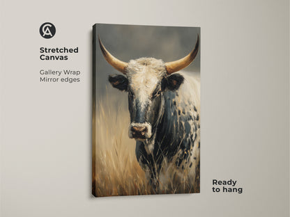 Close-up of the Longhorn Cow canvas art. This rustic animal print is ready to hang. The gallery wrap has mirror edges. This black and white cow art is perfect for a farmhouse entryway or country kitchen.