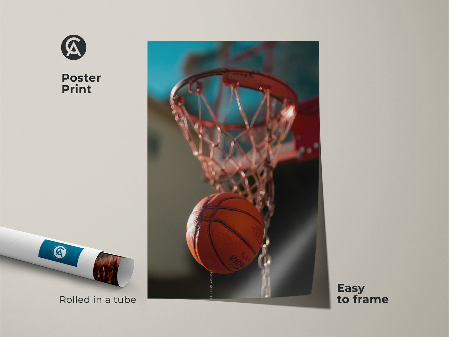 This is a poster print of a basketball hoop art action shot. The modern athletic decor arrives rolled in a tube. It is easy to frame. The orange and teal sports decor is perfect for a man cave wall. It is a great gift for basketball lovers.