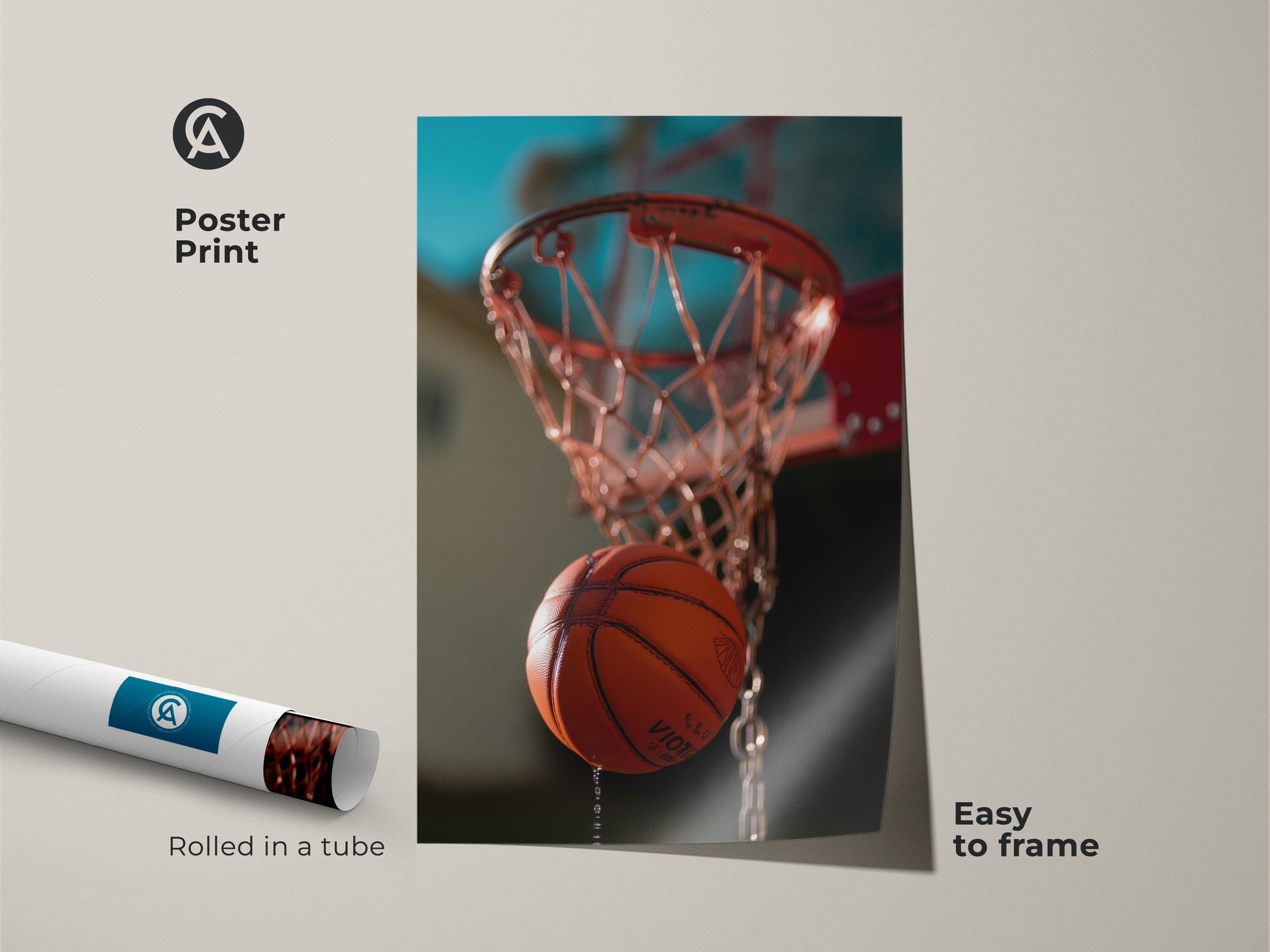 This is a poster print of a basketball hoop art action shot. The modern athletic decor arrives rolled in a tube. It is easy to frame. The orange and teal sports decor is perfect for a man cave wall. It is a great gift for basketball lovers.