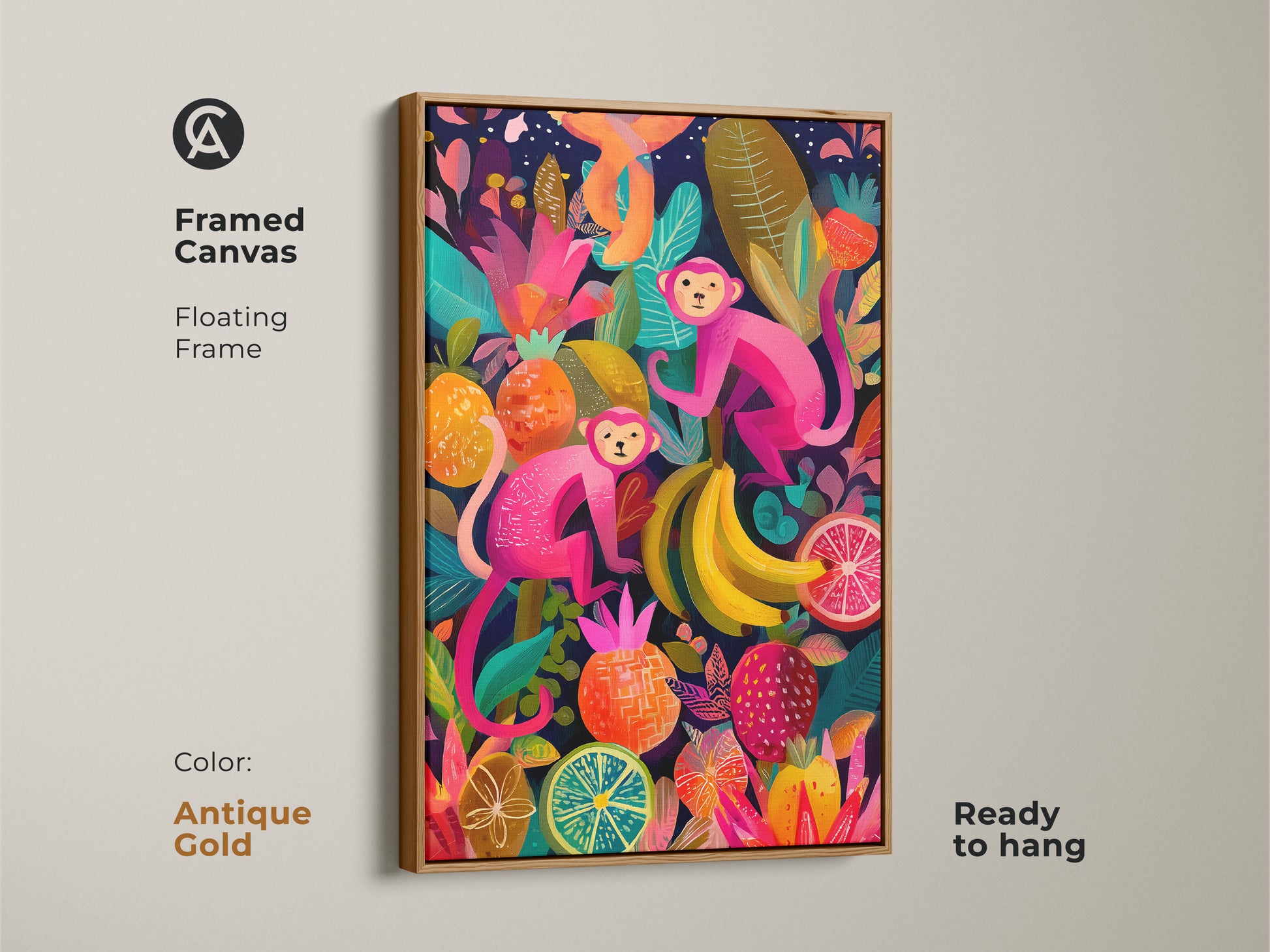 This framed canvas displays two pink monkeys with tropical fruits and botanicals in an antique gold frame. This ready to hang jungle botanical artwork makes a vibrant eclectic statement. Its colorful canvas print adds a playful accent to any room. Perfect birthday gift for her
