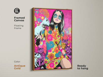 This framed canvas features a floating antique gold frame enhancing the psychedelic pop art. The artwork displays a woman with cats in retro style. Ready to hang this piece adds vibrant color to any wall decor.