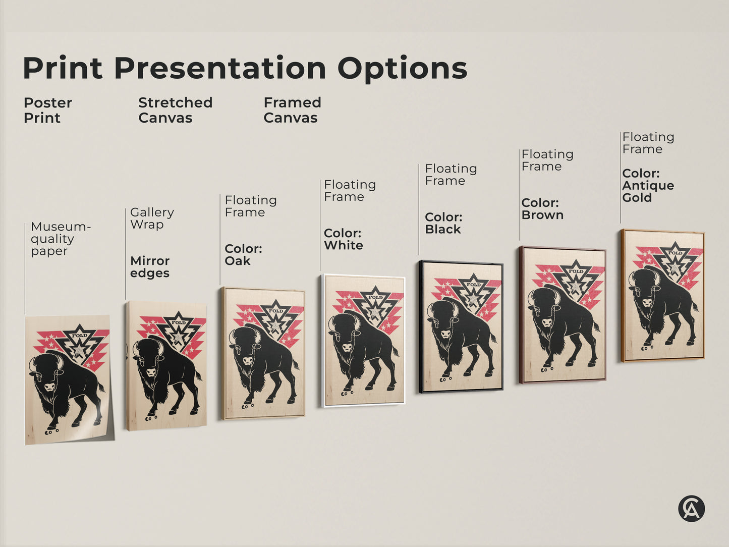 Print presentation options showcasing the bison and stars artwork. Choose from poster stretched canvas or framed canvas. Different frame colors are available. Perfect for adding western or rustic decor to your walls.