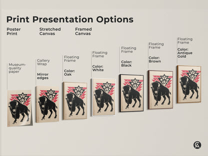 Print presentation options showcasing the bison and stars artwork. Choose from poster stretched canvas or framed canvas. Different frame colors are available. Perfect for adding western or rustic decor to your walls.