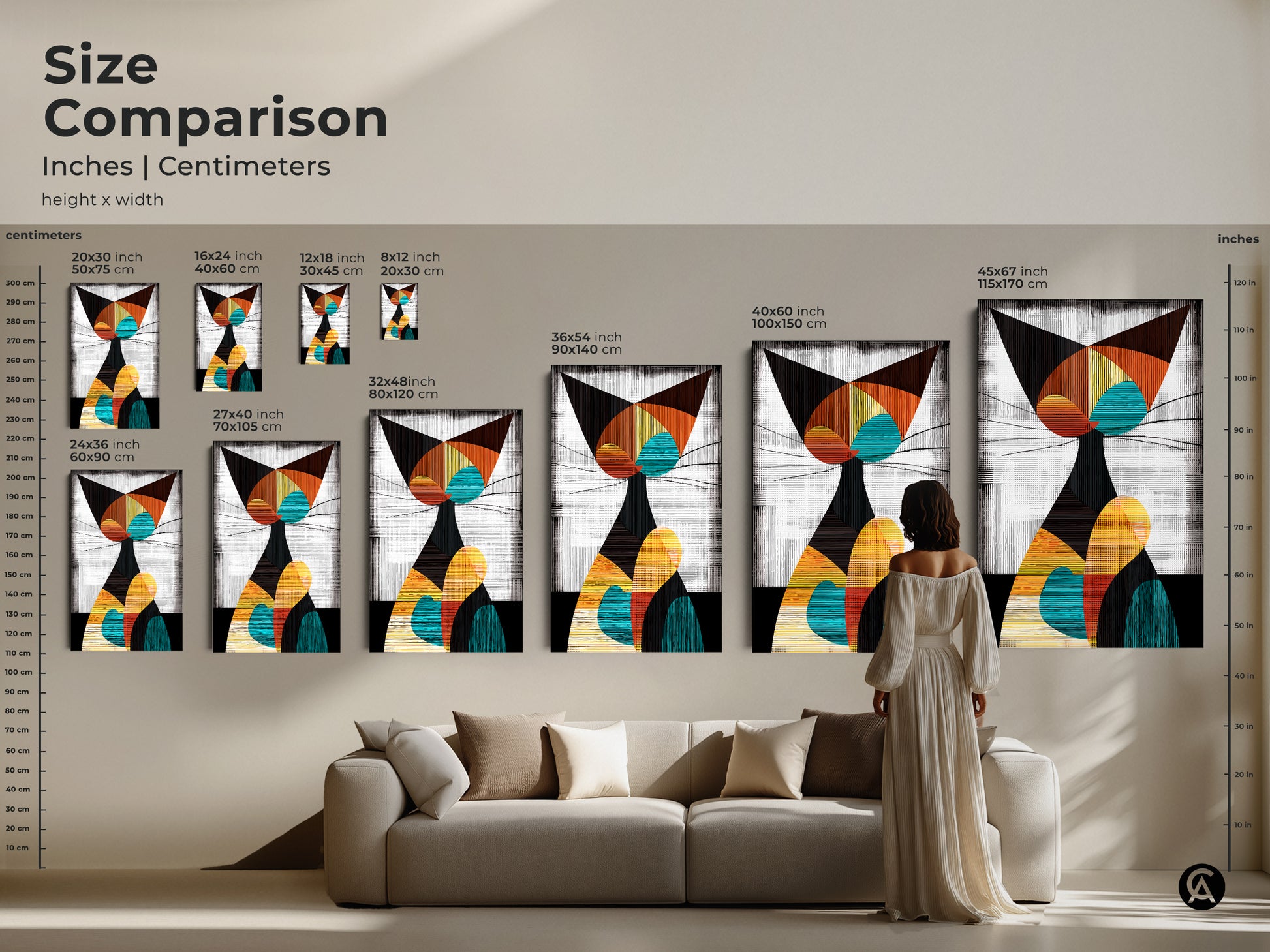 Size comparison of the Geometric Cat Art Print in inches and centimeters. Various sizes are displayed above a sofa to showcase scale. Perfect for adding a modern touch to any living room.