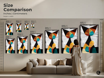 Size comparison of the Geometric Cat Art Print in inches and centimeters. Various sizes are displayed above a sofa to showcase scale. Perfect for adding a modern touch to any living room.