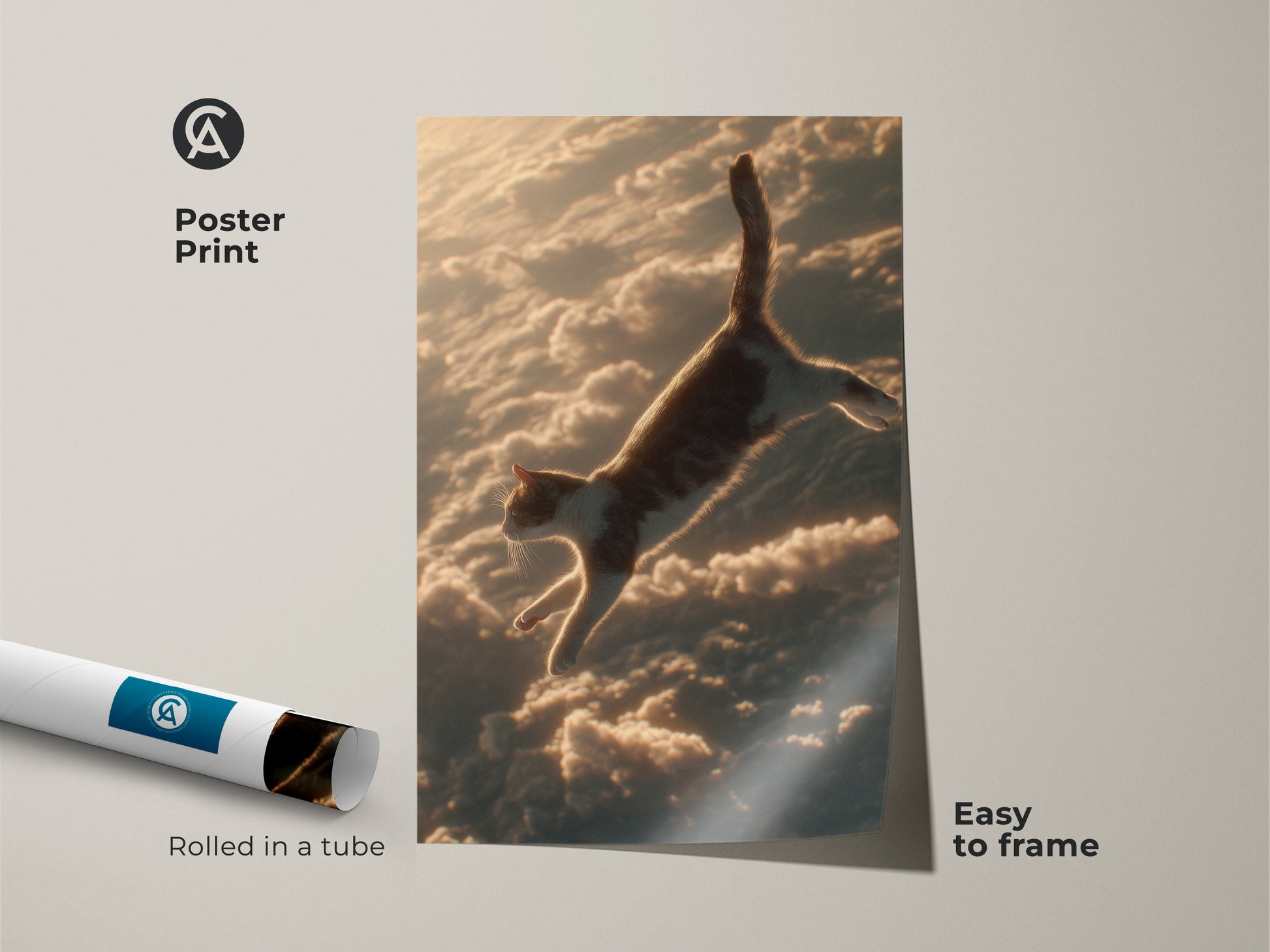 Discover a surreal cat poster print. A feline leaps through clouds in artwork. It is dreamy decor for eclectic bedrooms in orange brown and gold tones. Buy today.