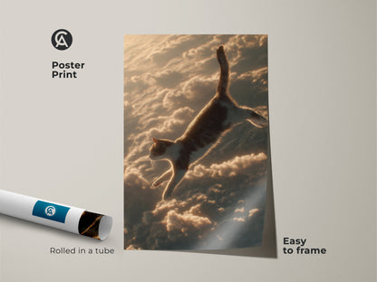 Discover a surreal cat poster print. A feline leaps through clouds in artwork. It is dreamy decor for eclectic bedrooms in orange brown and gold tones. Buy today.