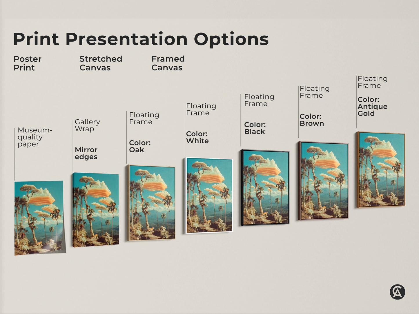 Explore print presentation options for this museum-quality paper art. This surreal lemur canvas is perfect for your home. Choose between poster prints and stretched or framed canvas for eclectic wall art in black brown oak white or gold.