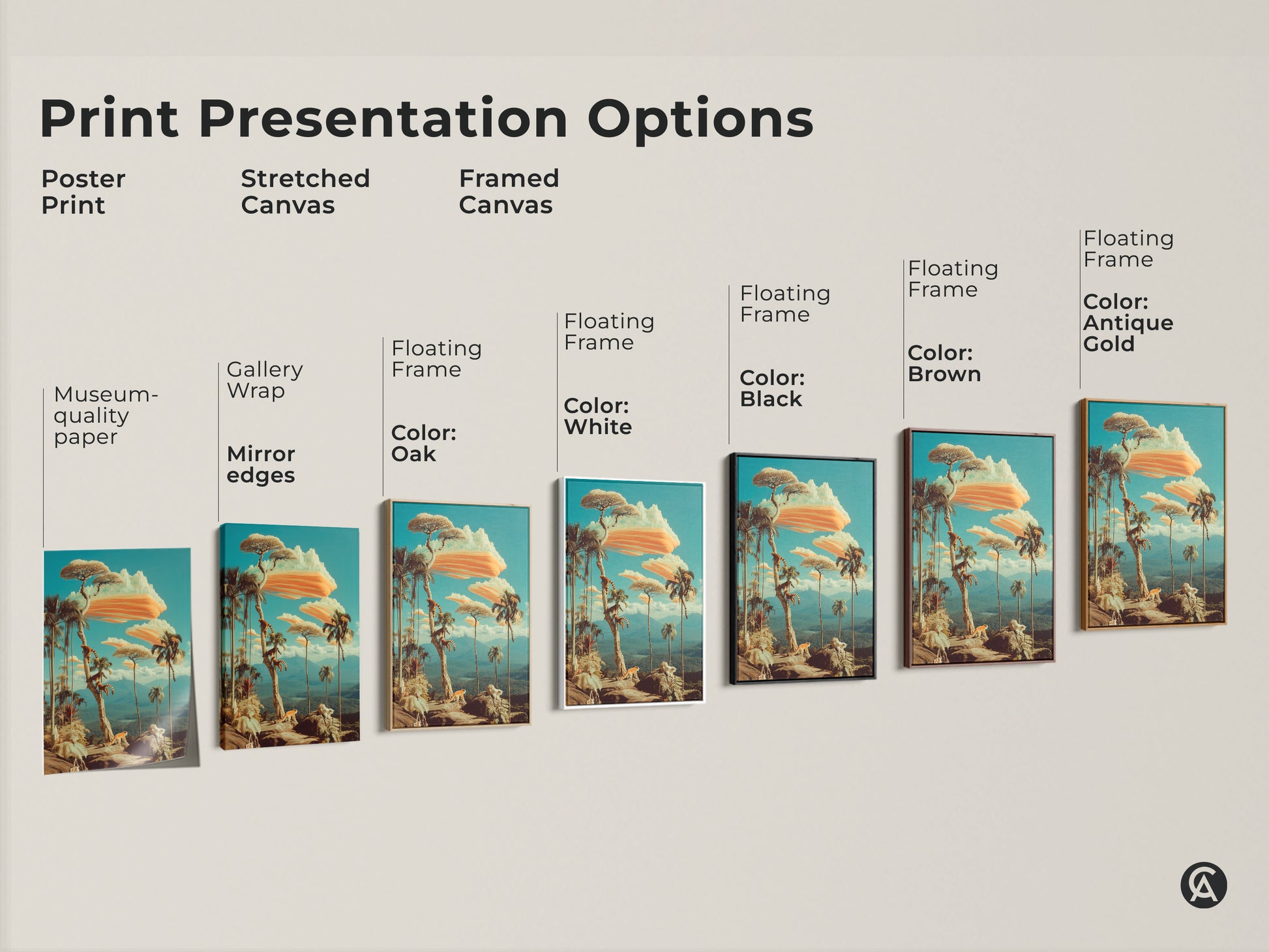 Explore print presentation options for this museum-quality paper art. This surreal lemur canvas is perfect for your home. Choose between poster prints and stretched or framed canvas for eclectic wall art in black brown oak white or gold.
