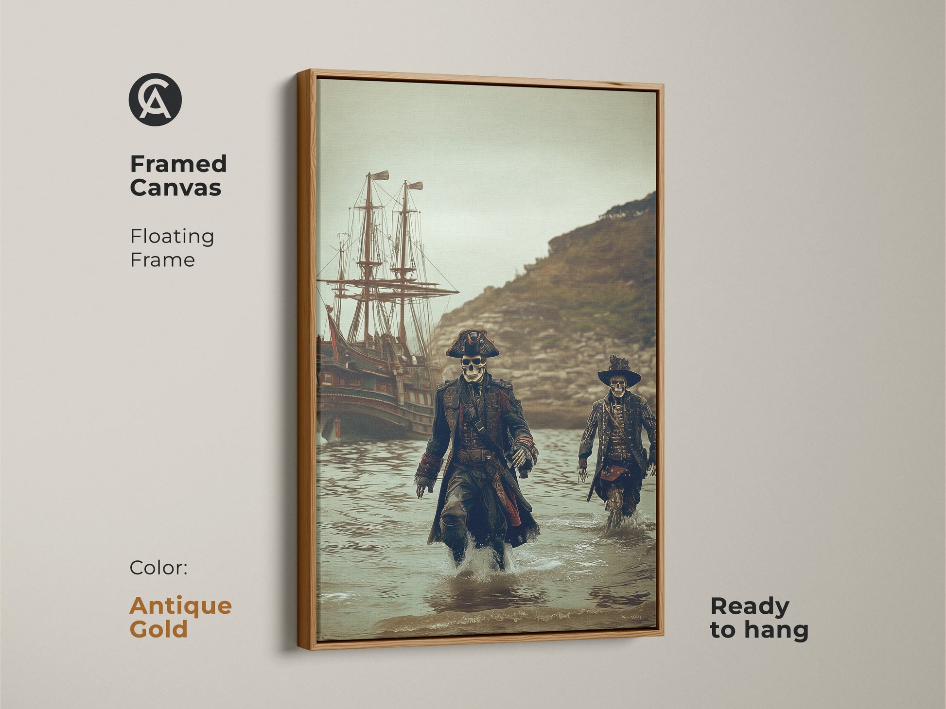 Skeleton pirates and a galleon ship displayed on a framed canvas. This gothic dark fantasy artwork comes ready to hang. It features a floating antique gold frame. The muted green and brown tones add an eclectic touch. Perfect for coastal adventure decor.
