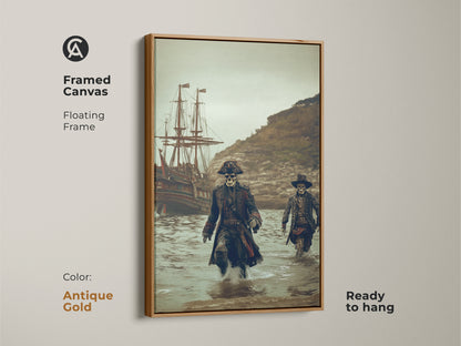 Skeleton pirates and a galleon ship displayed on a framed canvas. This gothic dark fantasy artwork comes ready to hang. It features a floating antique gold frame. The muted green and brown tones add an eclectic touch. Perfect for coastal adventure decor.