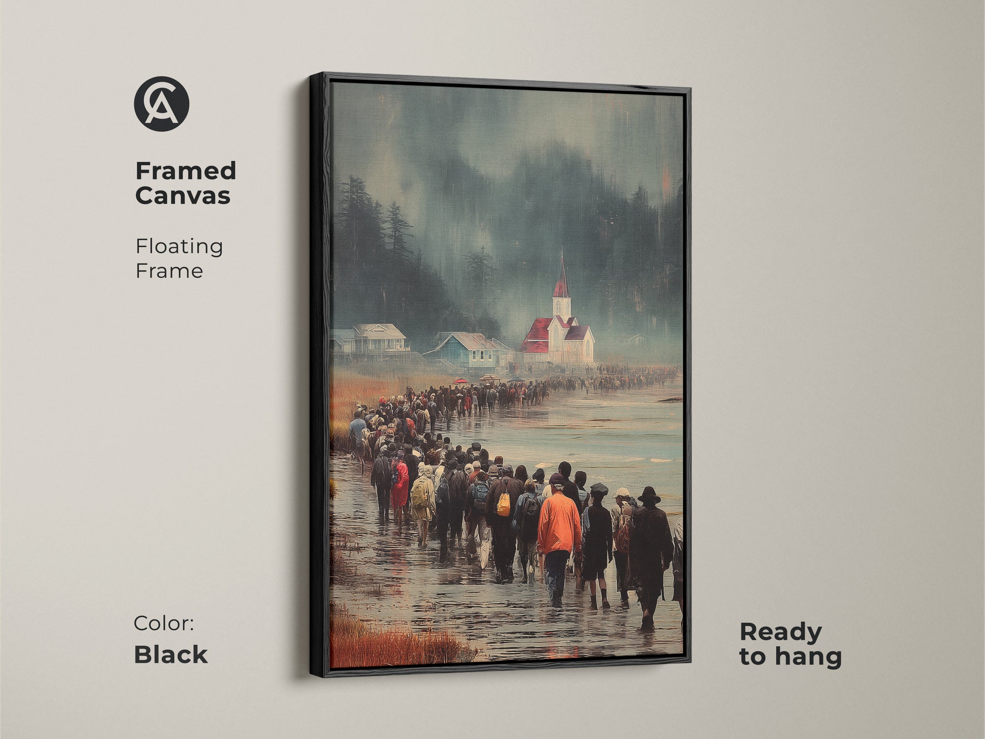 Framed canvas showcases a coastal town wall art of a figurative procession to church. The Black floating frame enhances the atmospheric landscape print. The piece is ready to hang as a residential art for dining room. It's a unique wall hanging