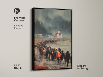 Framed canvas showcases a coastal town wall art of a figurative procession to church. The Black floating frame enhances the atmospheric landscape print. The piece is ready to hang as a residential art for dining room. It's a unique wall hanging