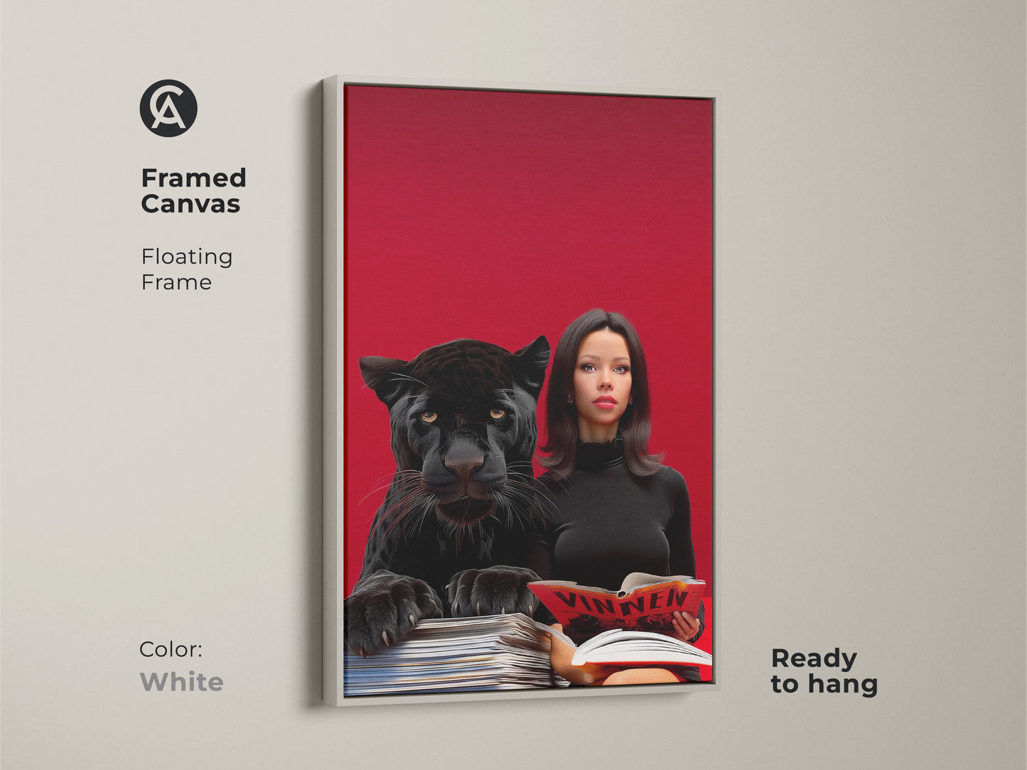 This framed canvas features a surreal art print. A woman reading with a black panther in a crimson pop art style. The white floating frame offers a clean look for this unique eclectic office art.