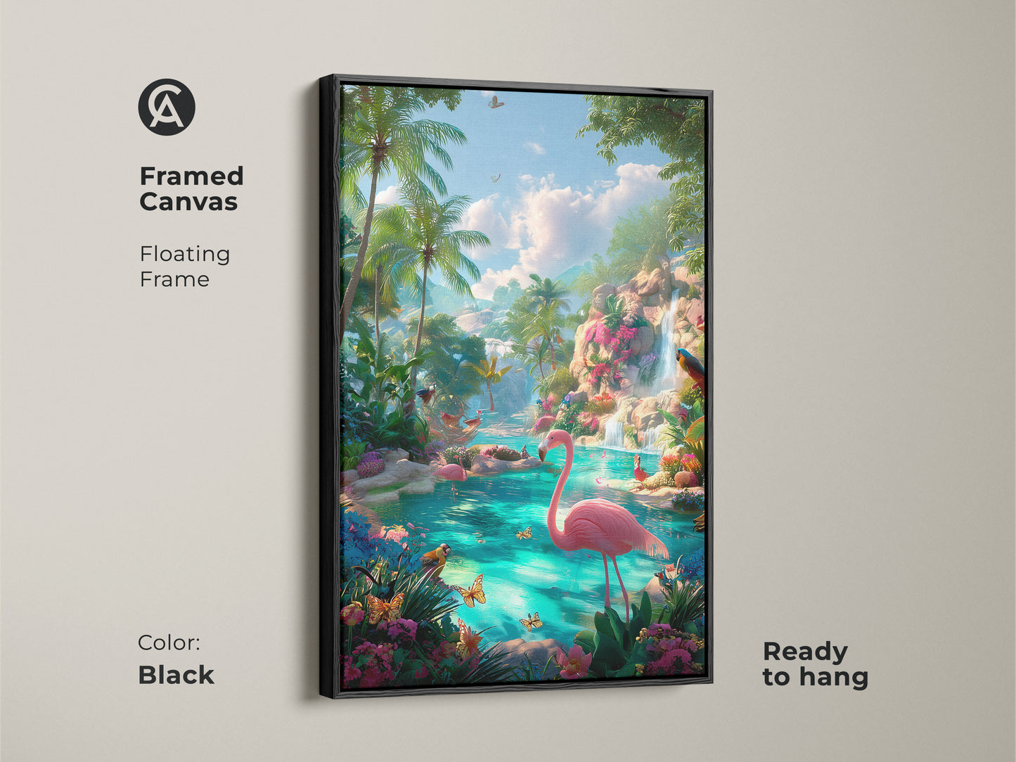 Framed canvas with a black floating frame. The tropical lagoon art features pink flamingos and palm trees. A waterfall and butterflies enhance the scene. Ready to hang this framed art adds elegance to any room.