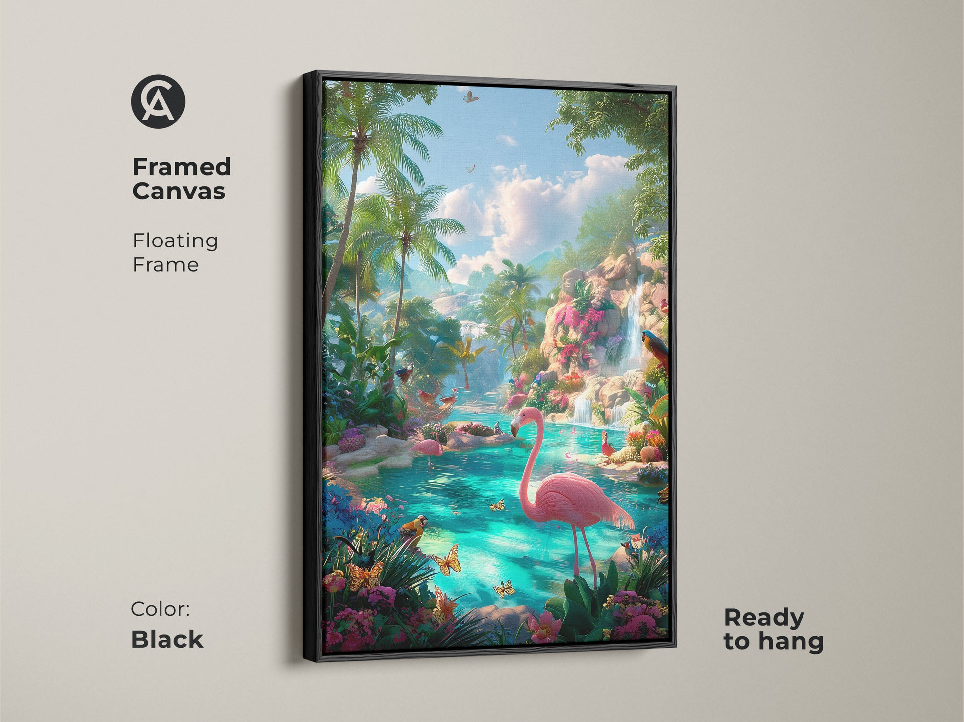 Framed canvas with a black floating frame. The tropical lagoon art features pink flamingos and palm trees. A waterfall and butterflies enhance the scene. Ready to hang this framed art adds elegance to any room.