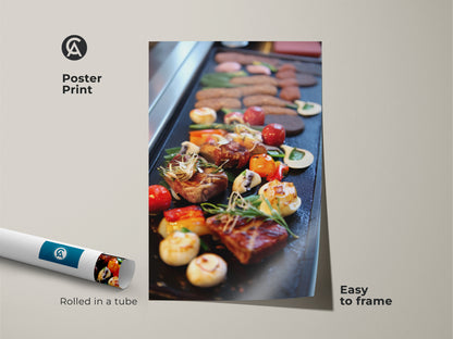 Poster print of gourmet steak and vegetables art. This modern kitchen wall art is easy to frame. Contemporary food print featuring red orange and brown cuisine. Perfect for foodies and adds a touch of culinary sophistication to your kitchen or dining area. Ideal housewarming gift or a special treat for yourself.