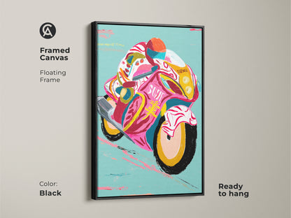 Framed canvas featuring pink yellow teal abstract motorcycle art. This speed racer artwork with a black floating frame is the perfect gift for F1 fans who appreciate transport wall decor.