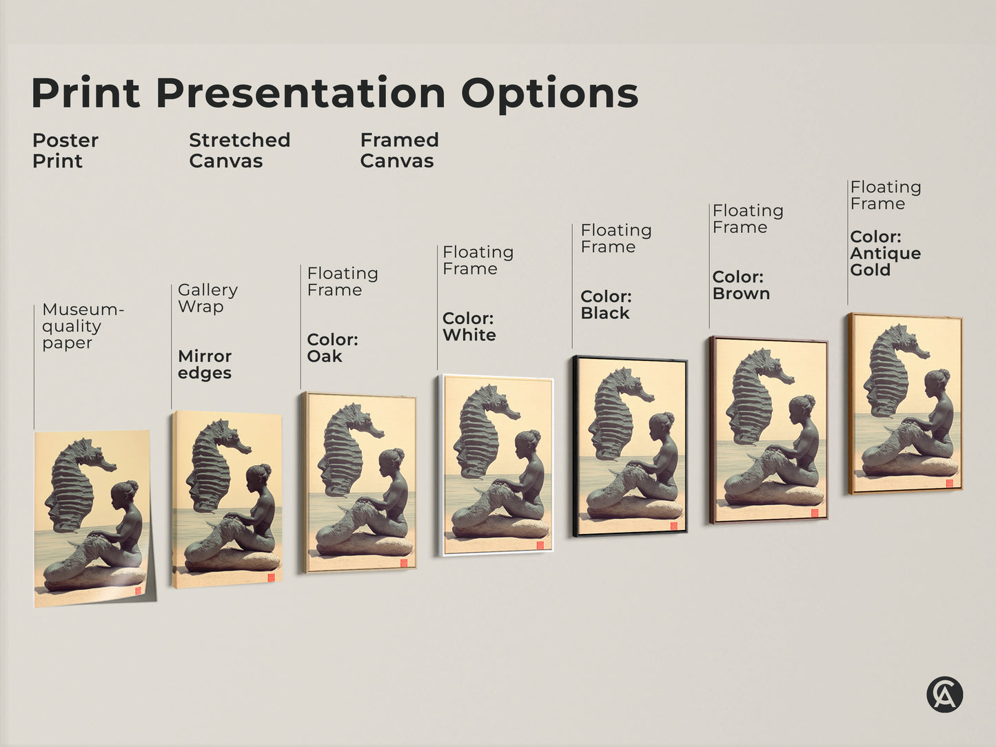 Print presentation options for surreal mermaid and seahorse artwork. Choose from poster stretched or framed canvas. Select a black brown antique gold or white floating frame. Find the perfect unique fantasy gift artwork here.
