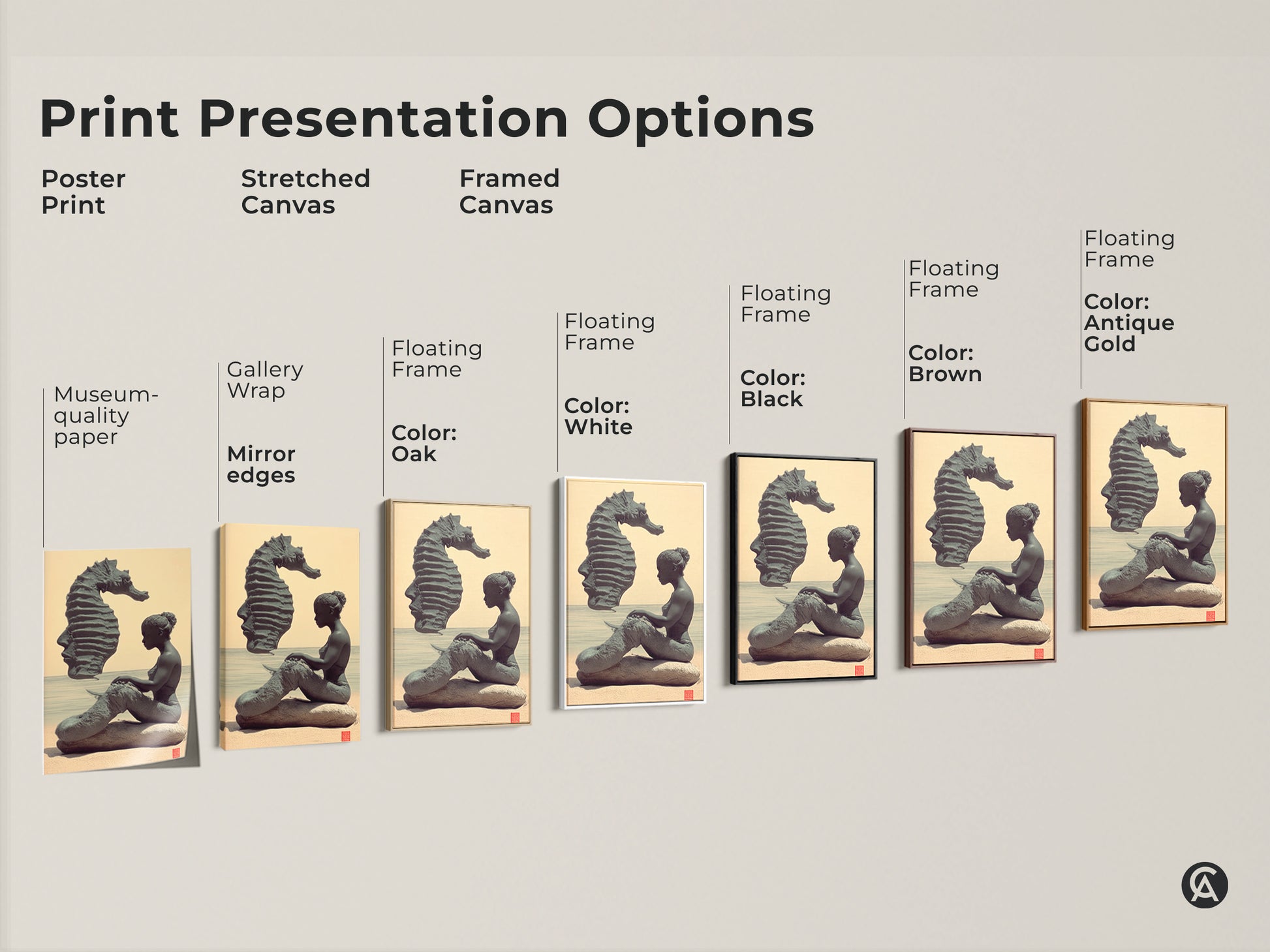 Print presentation options for surreal mermaid and seahorse artwork. Choose from poster stretched or framed canvas. Select a black brown antique gold or white floating frame. Find the perfect unique fantasy gift artwork here.