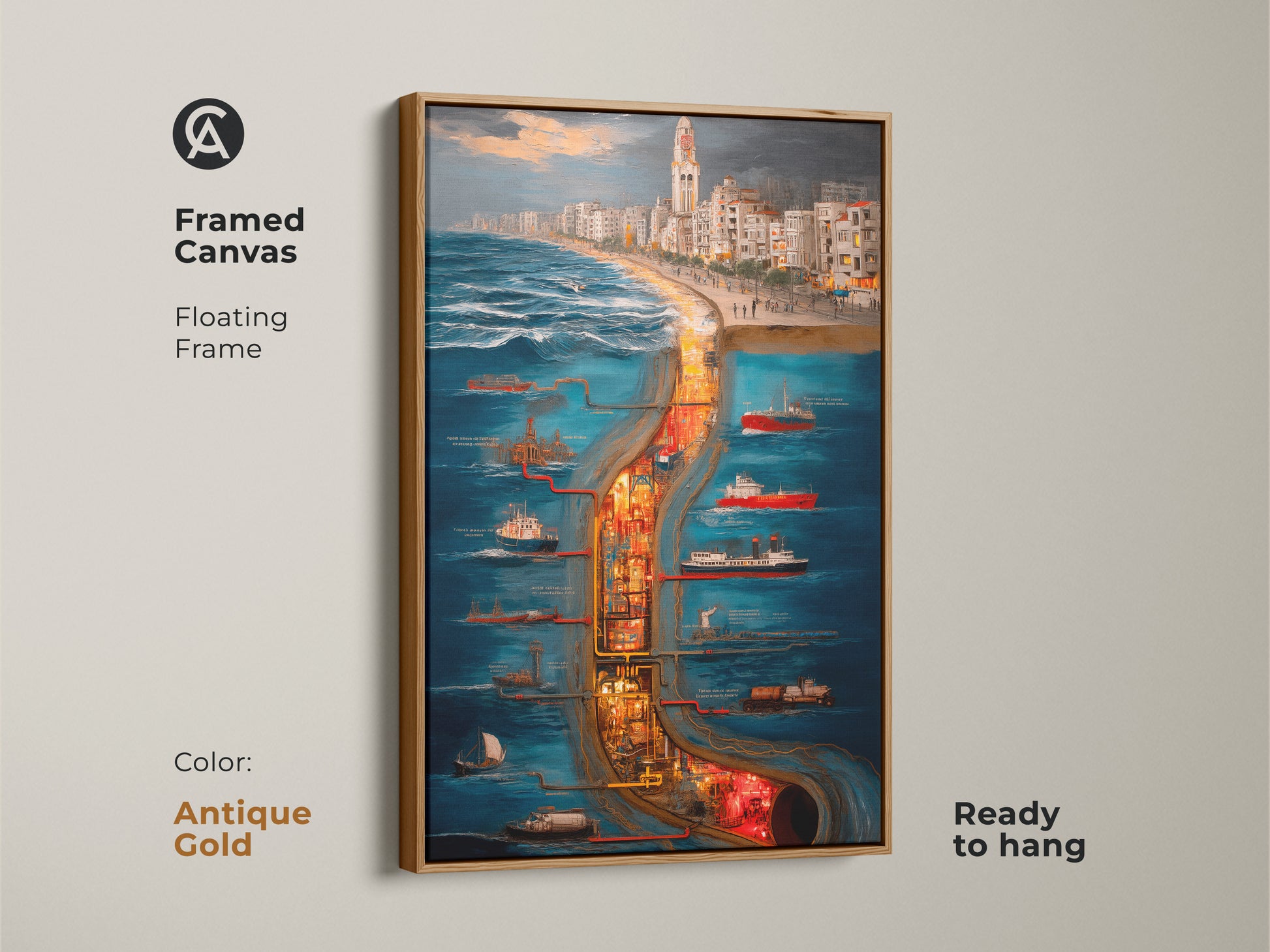 Framed Canvas in antique gold showcases a surreal cityscape maritime industrial scene. The floating frame art is ready to hang as wall decor. Deep blue orange and yellow tones make it perfect for eclectic home decor or unique office art. This maritime industrial canvas captures a ship and city skyline in an artistic urban scene.