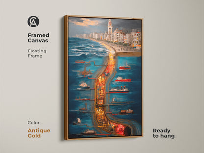 Framed Canvas in antique gold showcases a surreal cityscape maritime industrial scene. The floating frame art is ready to hang as wall decor. Deep blue orange and yellow tones make it perfect for eclectic home decor or unique office art. This maritime industrial canvas captures a ship and city skyline in an artistic urban scene.