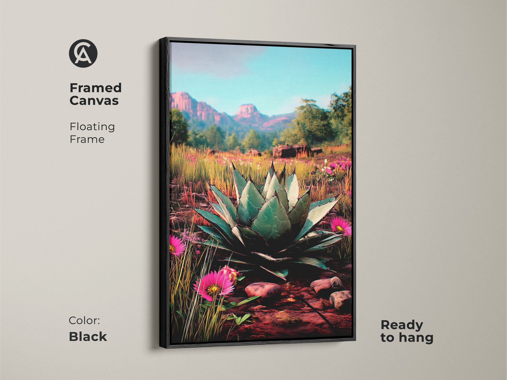 Black framed canvas art showing a southwestern agave plant and flowers. Ready to hang in any room of the house. This floating frame enhances botanical home decor. A great housewarming gift for plant art enthusiasts. This green pink and teal art adds charm to southwest style art.