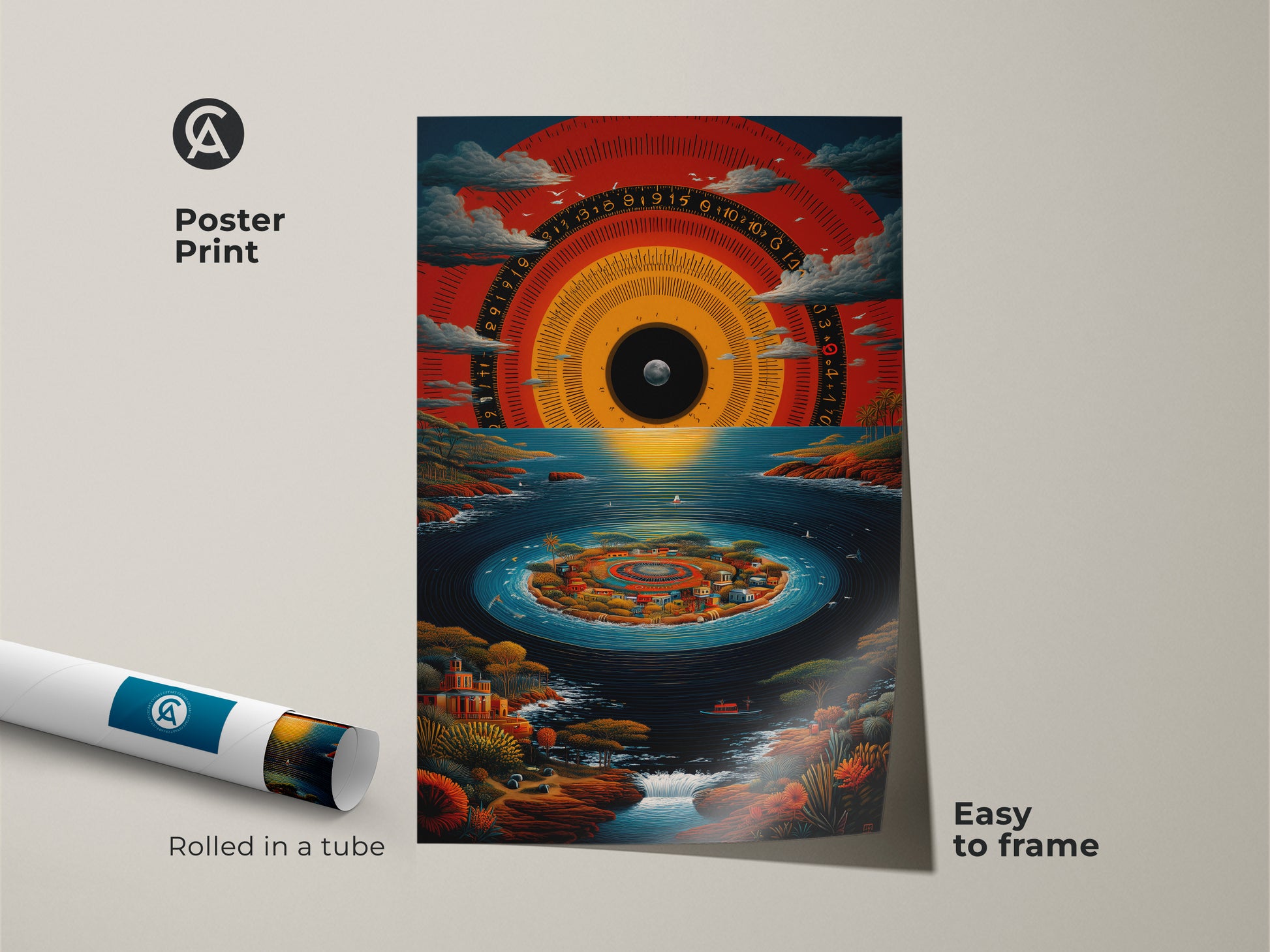 Poster Print of surreal island wall art. The artwork features an abstract time dial canvas. It also showcases a crimson and deep blue print. Easy to frame for your home decor. This item makes a unique travel enthusiast gift idea.