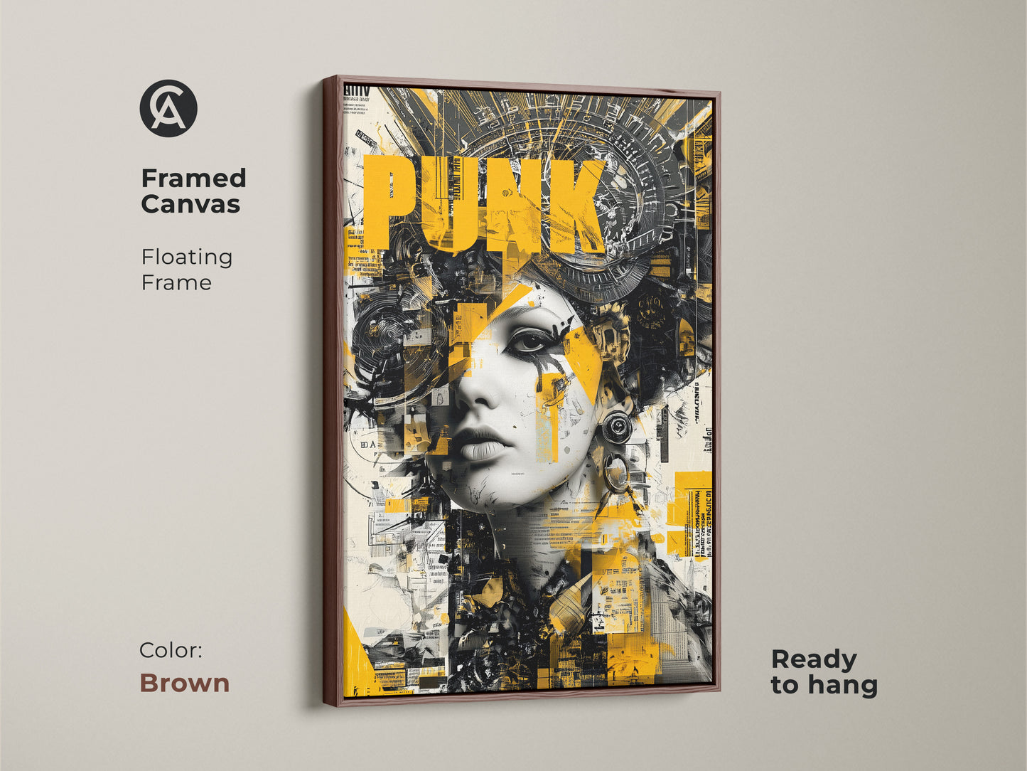 Framed canvas art of a woman with punk inspired headwear. The artwork has a floating frame and is ready to hang. The frame color is brown. The artwork features yellow black and white colors.