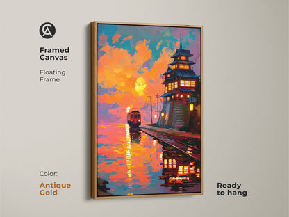 Framed canvas art print of a vibrant sunset over a Japanese pagoda and train. Floating frame in antique gold adds elegance. Ready to hang. The orange yellow and teal artwork brings eclectic decor. This is a unique travel gift option.