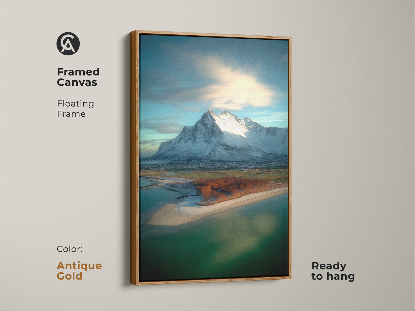 Framed canvas featuring coastal village snowy mountain art. This floating frame enhances the photorealistic mountain artwork. The antique gold frame is ready to hang. It offers contemporary scenic beauty.