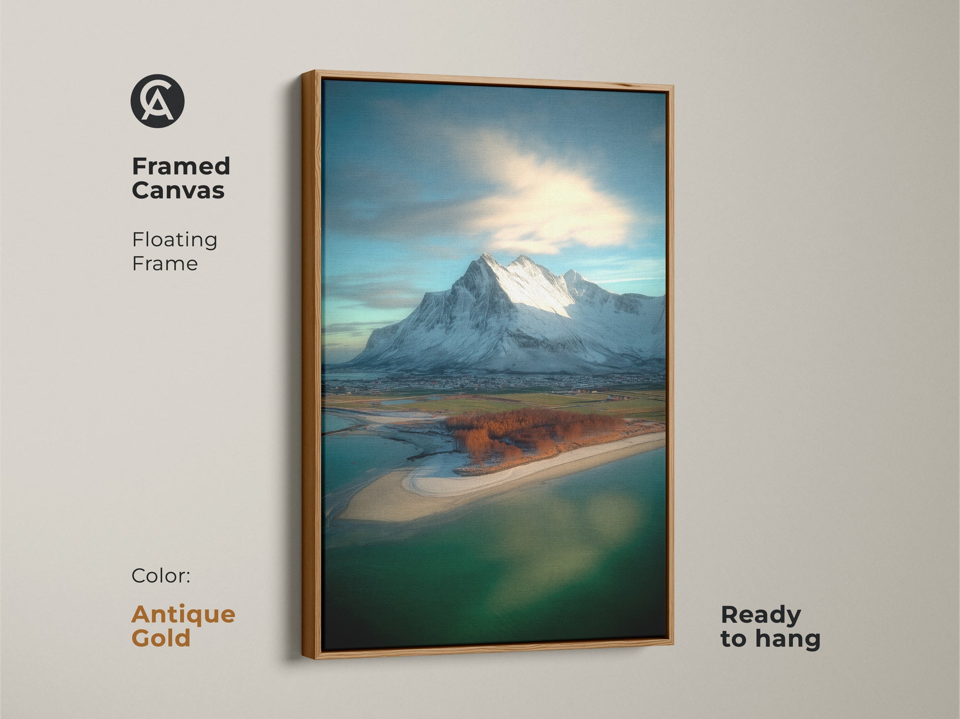 Framed canvas featuring coastal village snowy mountain art. This floating frame enhances the photorealistic mountain artwork. The antique gold frame is ready to hang. It offers contemporary scenic beauty.