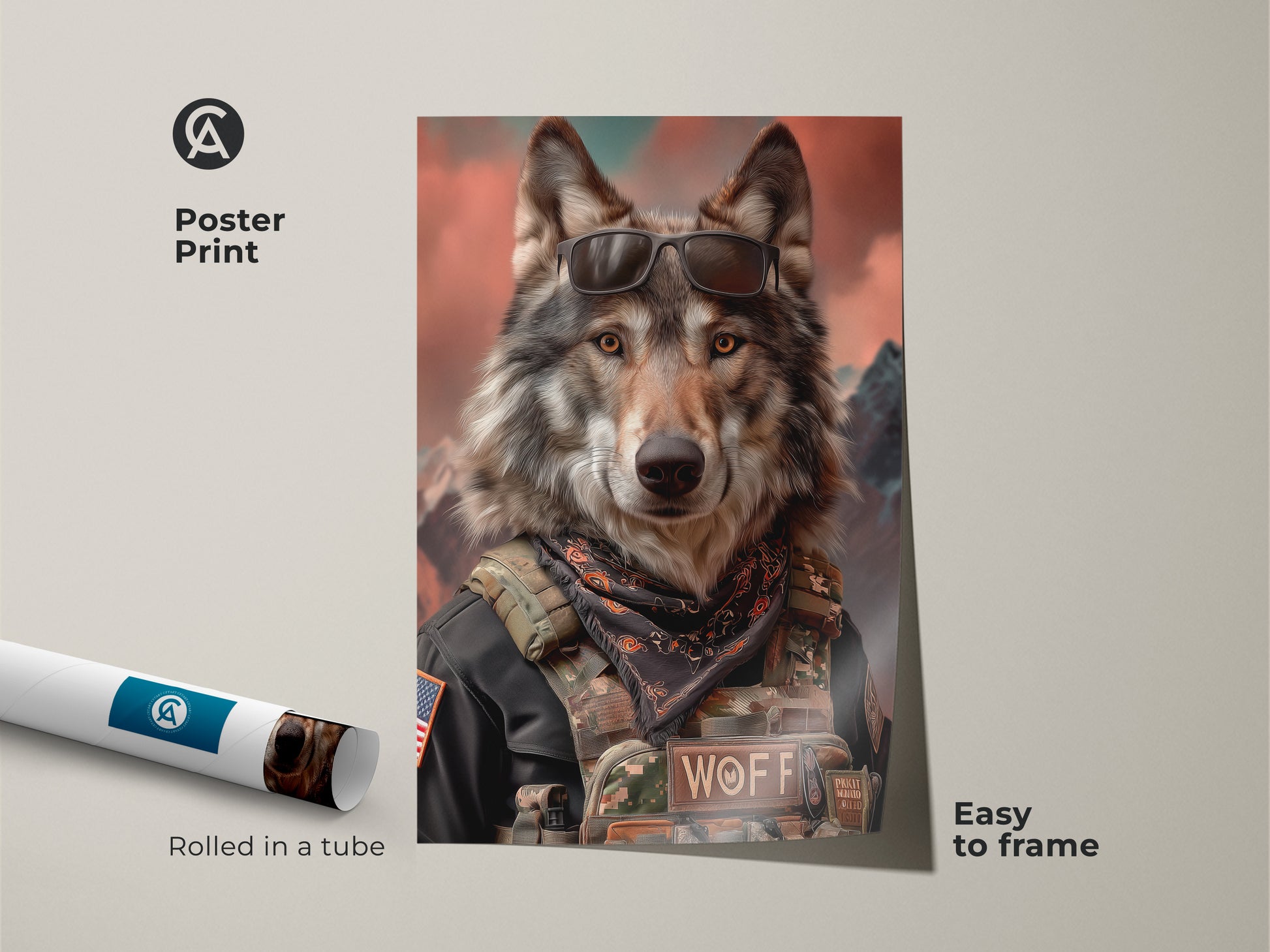 Poster Print of a Wolf in Military Style. This cool wolf wall artwork is easy to frame. It features a photorealistic wolf wearing sunglasses and military gear. Ideal man cave decor print for wildlife art lovers. A unique and rugged animal print to enhance your space. A great gift for veterans and those who love wolf themed decor