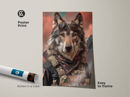 Poster Print of a Wolf in Military Style. This cool wolf wall artwork is easy to frame. It features a photorealistic wolf wearing sunglasses and military gear. Ideal man cave decor print for wildlife art lovers. A unique and rugged animal print to enhance your space. A great gift for veterans and those who love wolf themed decor