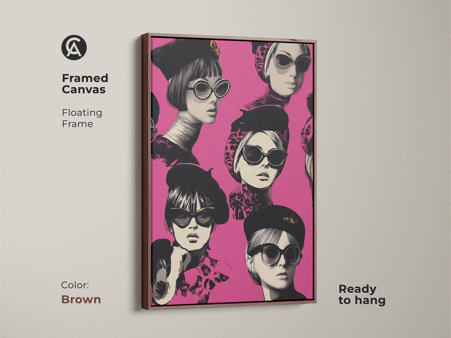 Framed canvas art featuring a fashionable woman with sunglasses in a retro pop style. The brown floating frame complements the hot pink background. This eclectic wall decor is ready to hang. A perfect gift idea for fashion lovers. Add a touch of Parisian chic to your living space with this artwork.