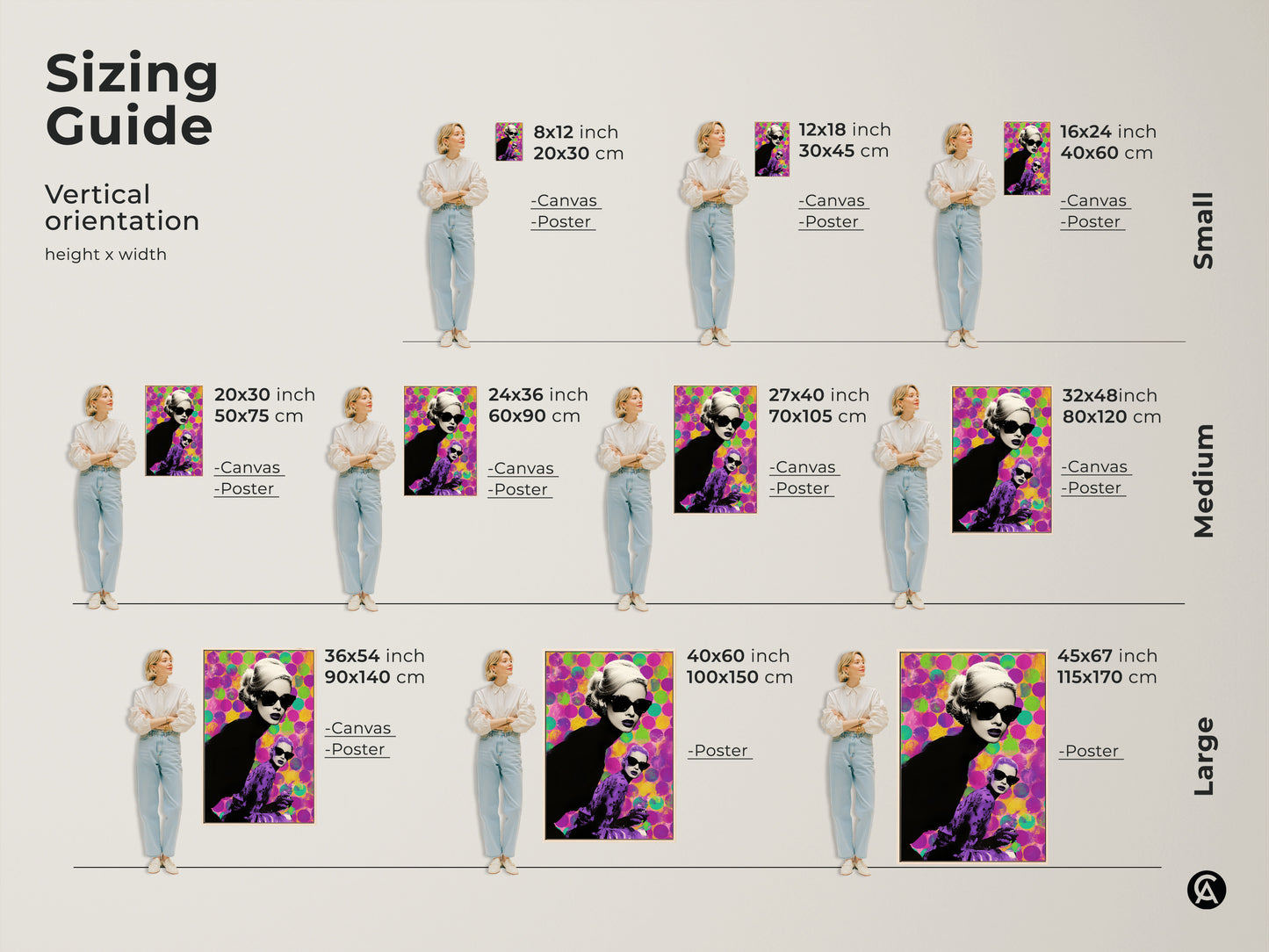 Sizing guide for vertical artwork. Canvas and poster prints are available in small medium and large sizes. The retro pop art woman artwork fits various wall dimensions adding a colorful touch.