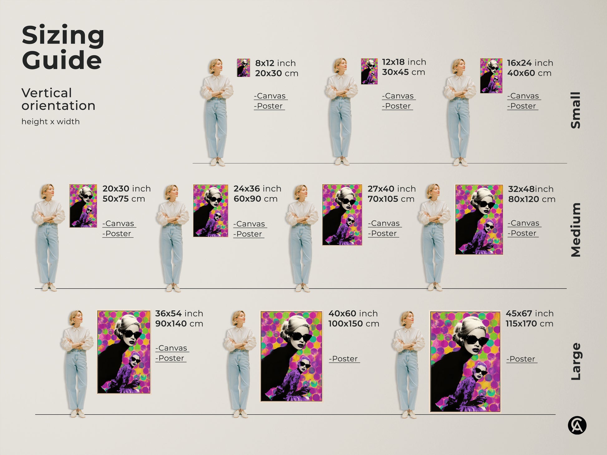Sizing guide for vertical artwork. Canvas and poster prints are available in small medium and large sizes. The retro pop art woman artwork fits various wall dimensions adding a colorful touch.