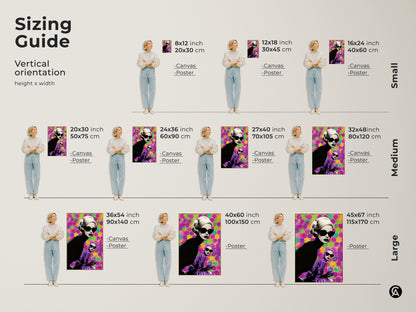 Sizing guide for vertical artwork. Canvas and poster prints are available in small medium and large sizes. The retro pop art woman artwork fits various wall dimensions adding a colorful touch.