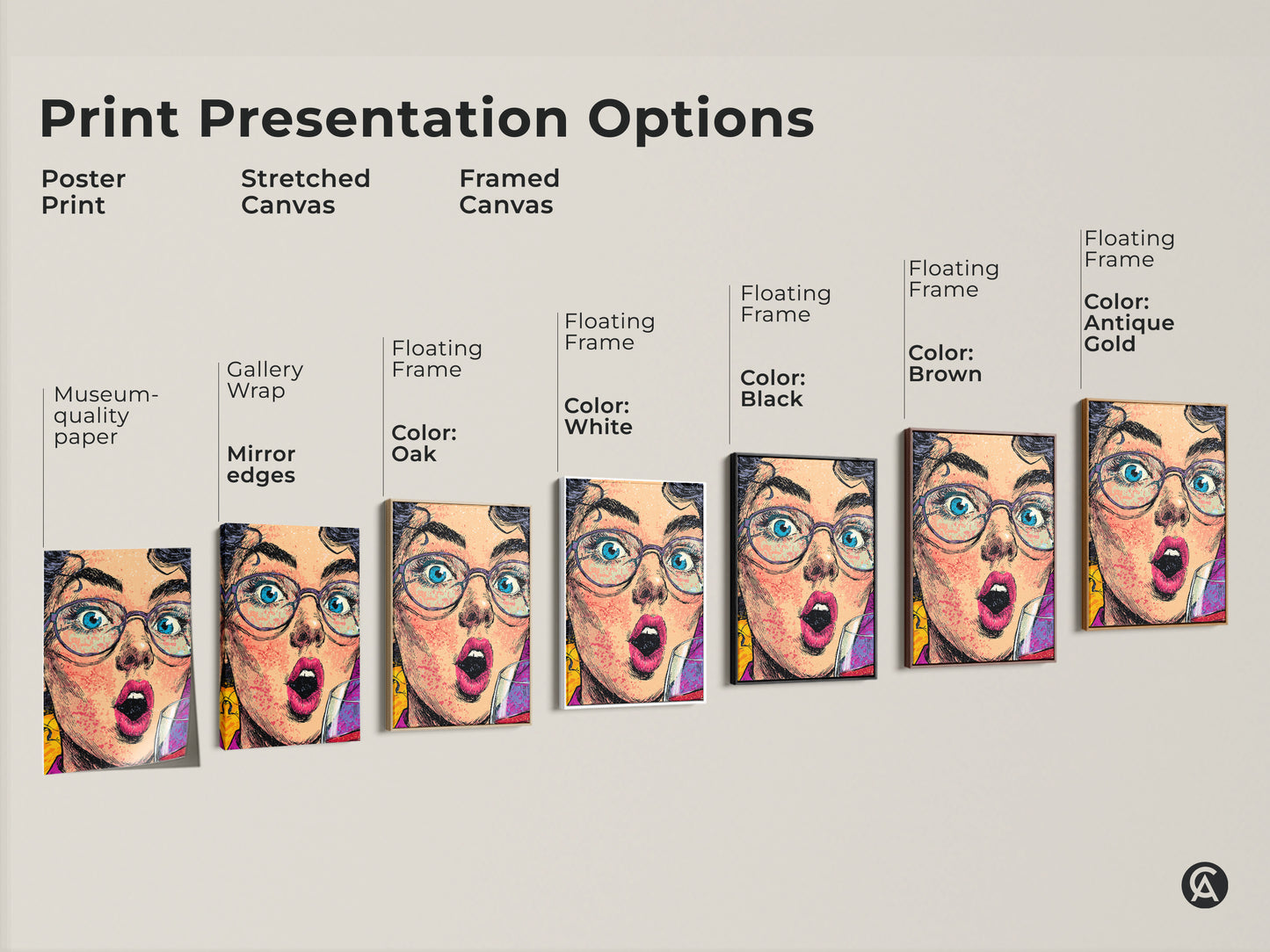 Explore print presentation options for this eclectic pop art print. Options include poster print stretched canvas and framed canvas. There are museum-quality paper gallery wrap and floating frame choices. This artwork will enhance your bar or home decor.