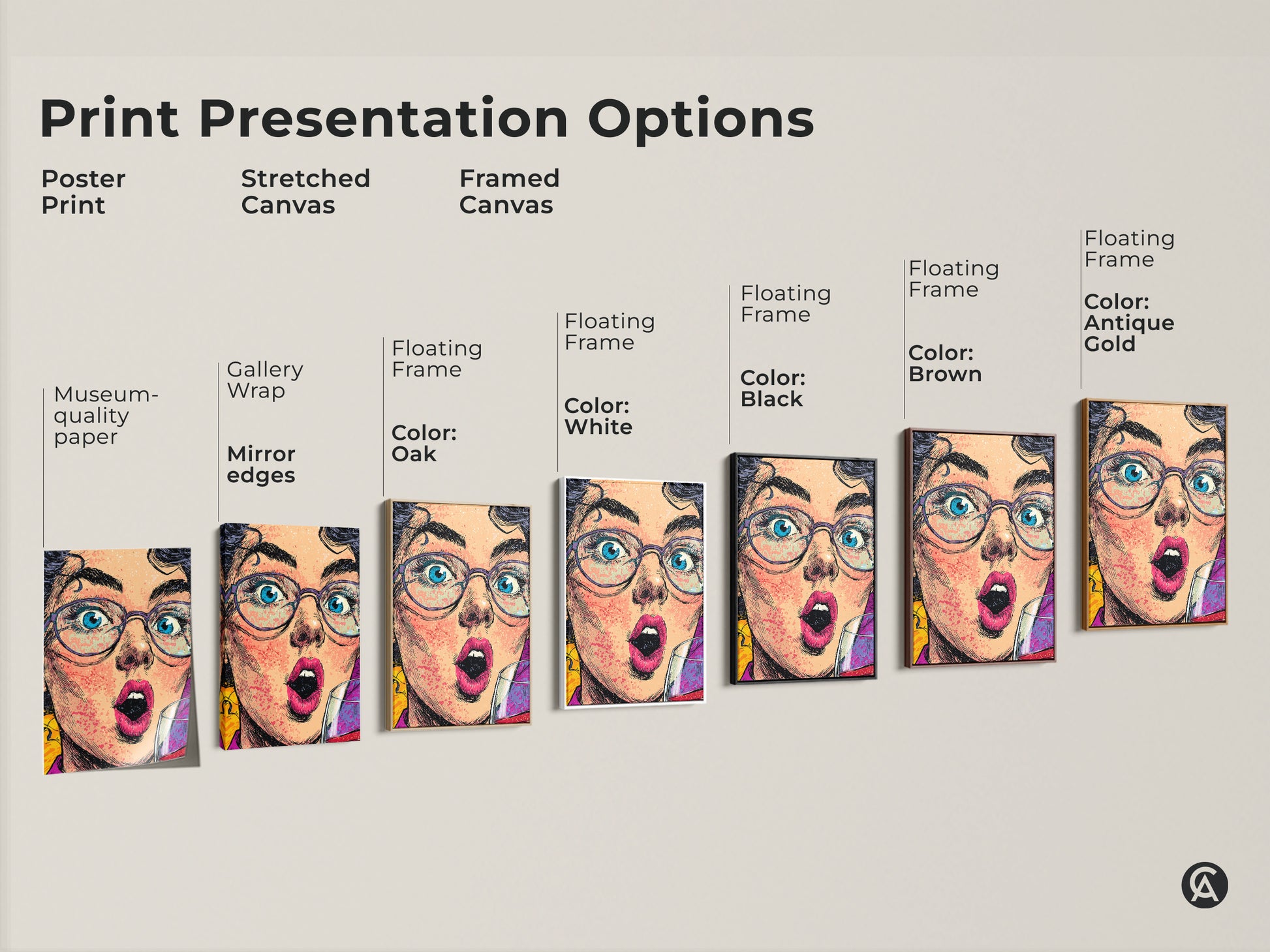 Explore print presentation options for this eclectic pop art print. Options include poster print stretched canvas and framed canvas. There are museum-quality paper gallery wrap and floating frame choices. This artwork will enhance your bar or home decor.