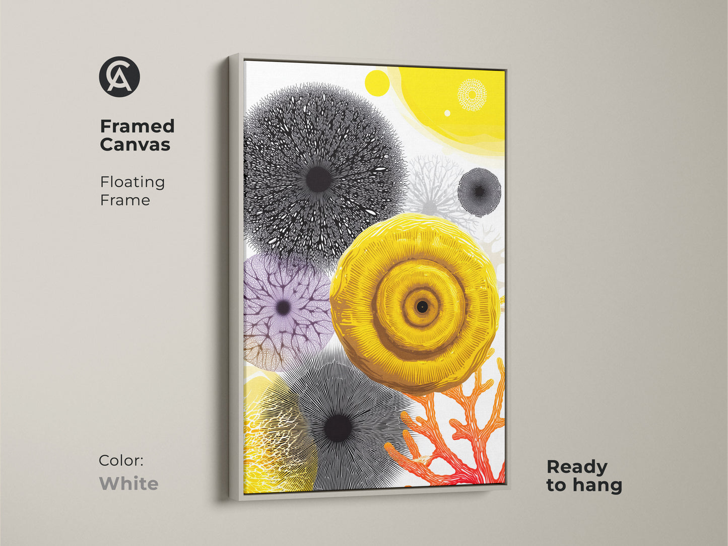 White floating frame highlights this vibrant abstract nature artwork. It showcases a yellow botanical print and coral details. A contemporary canvas adds a modern touch to any room. Ready to hang.