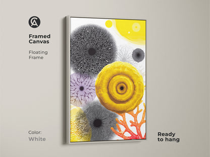 White floating frame highlights this vibrant abstract nature artwork. It showcases a yellow botanical print and coral details. A contemporary canvas adds a modern touch to any room. Ready to hang.